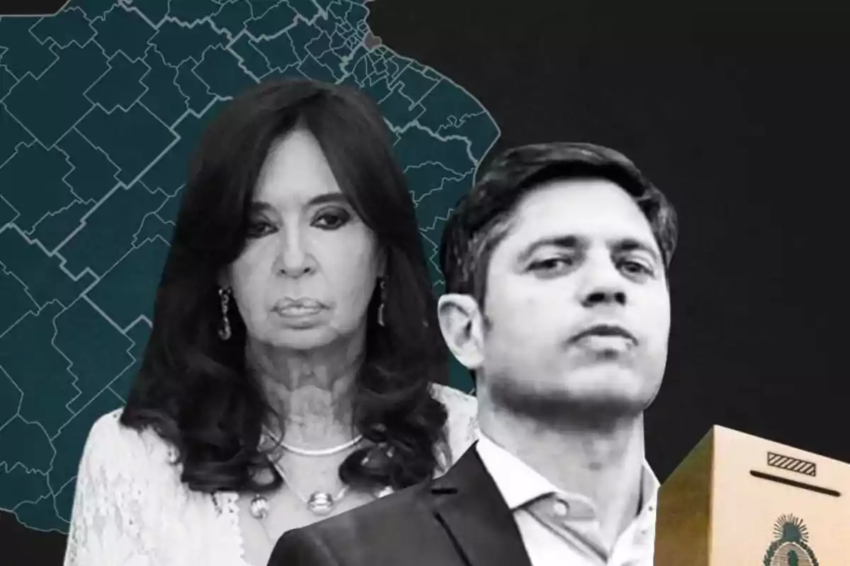 Dos personas en primer plano con expresión seria, una urna de votación y un mapa de fondo