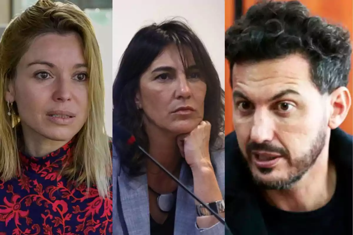 Tres personas adultas en primer plano, cada una con una expresión seria, dispuestas en una imagen dividida en tres secciones verticales