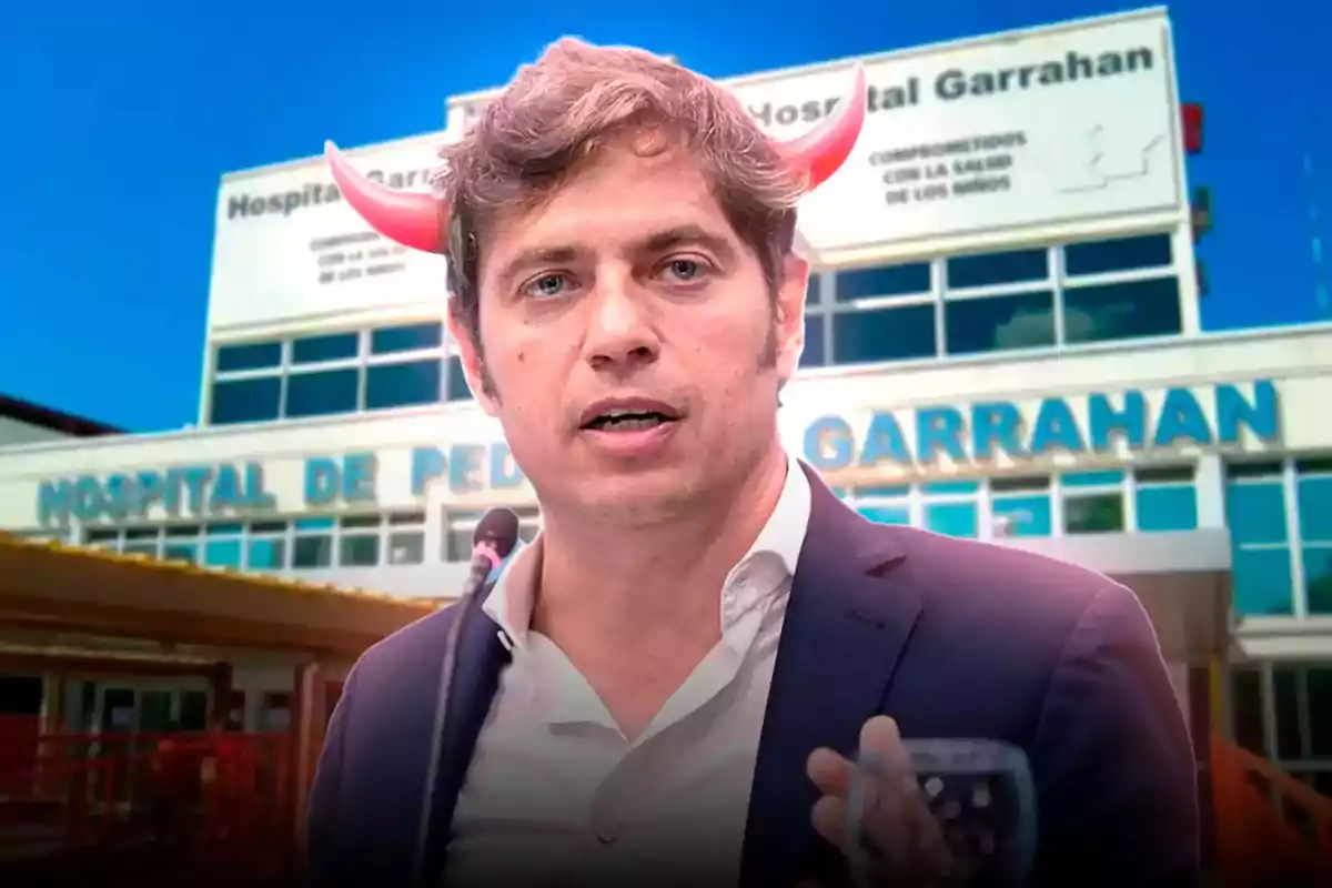 Man in a suit with digitally edited red horns in front of Garrahan Hospital
