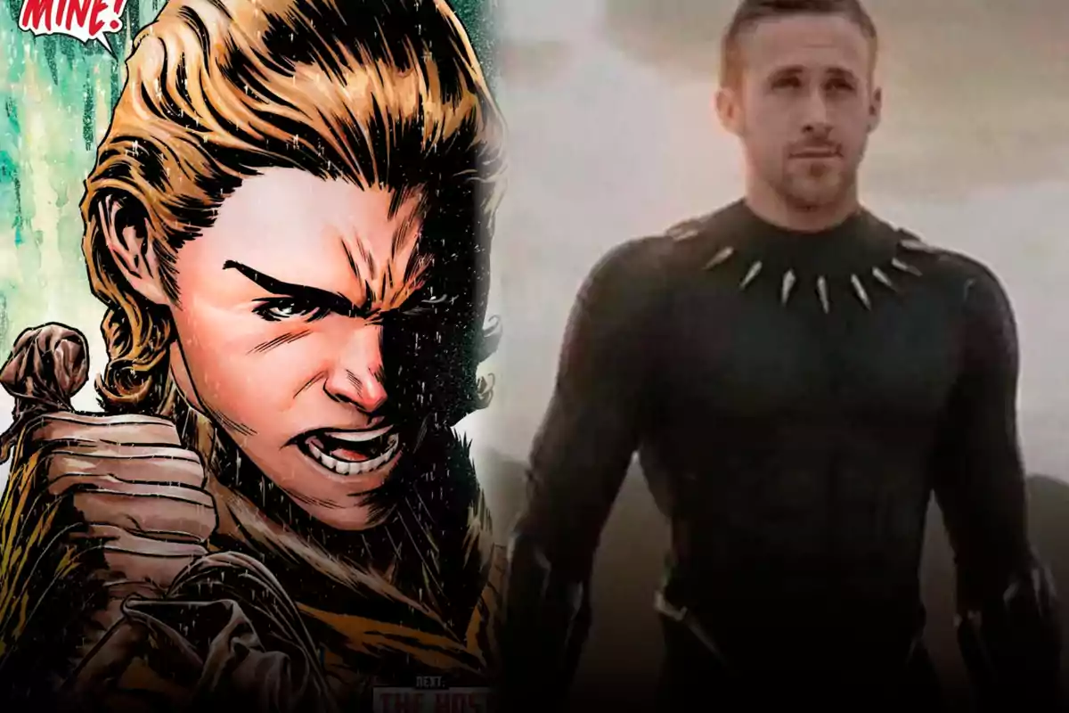 Montage showing a comic book character with an angry expression next to a man dressed in a Black Panther costume
