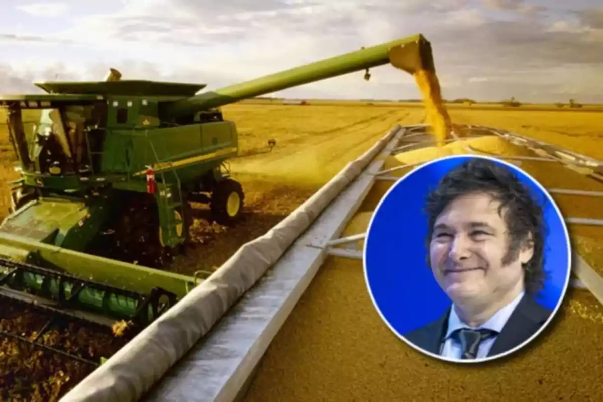 A harvester working in a field with a portrait of a smiling man superimposed on the image.