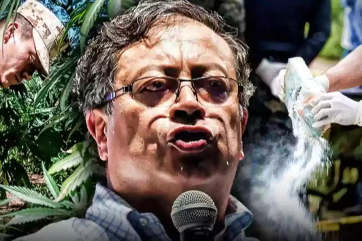 Un hombre con gafas habla frente a un micrófono mientras al fondo se observan plantas de marihuana, un militar y manos manipulando una bolsa con polvo blanco Un hombre con gafas habla frente a un micrófono mientras al fondo se observan plantas de marihuana, un militar y manos manipulando una bolsa con polvo blanco