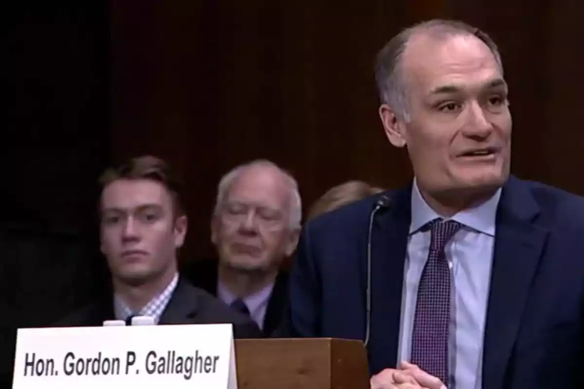 A man in a suit speaks into a microphone at a public hearing while other people watch him in the background.