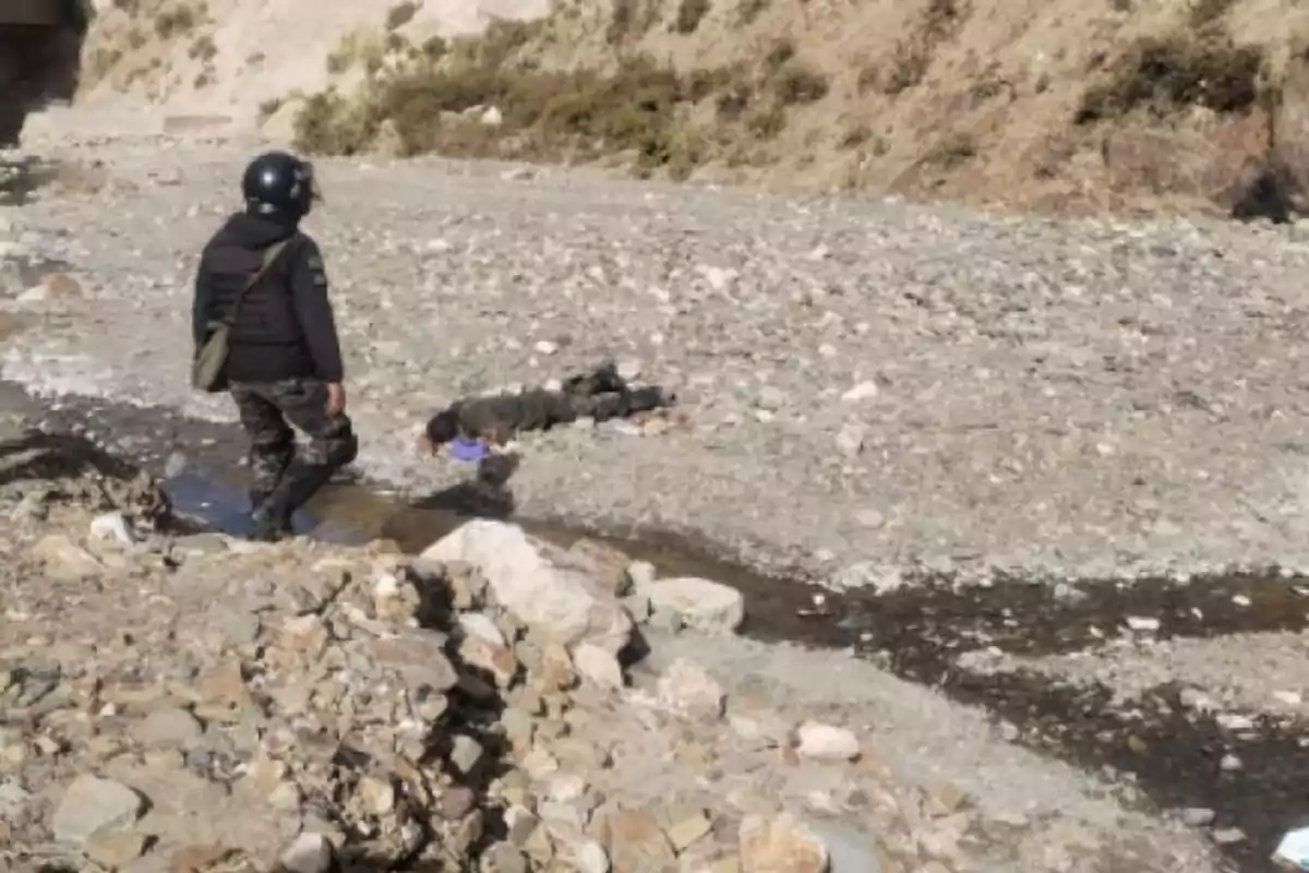 A man wearing a helmet and uniform watches another person lying next to a small stream in a rocky, arid terrain.