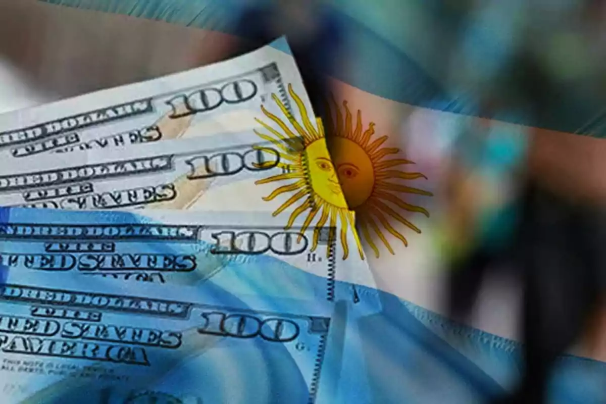 Hundred-dollar bills overlaid with the Argentine flag in the background