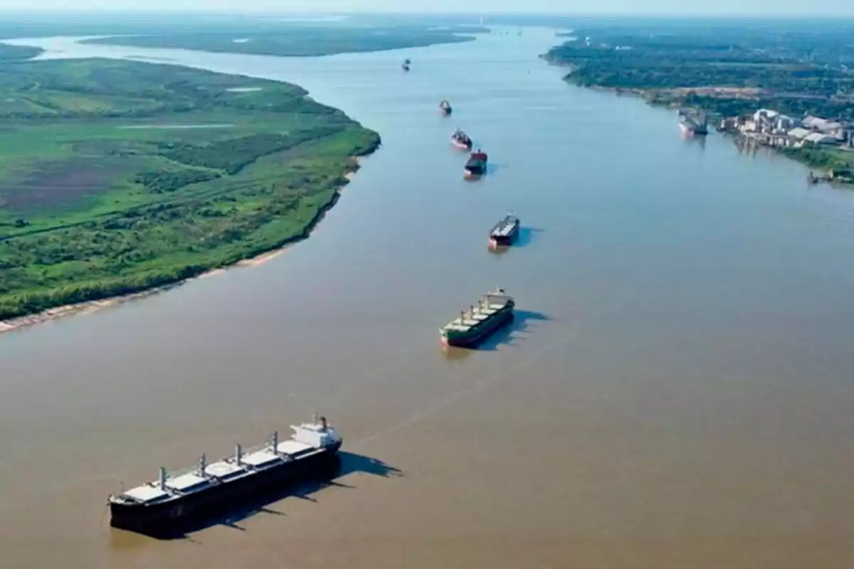 Una fila de barcos navegando por un amplio río rodeado de vegetación y áreas urbanas.