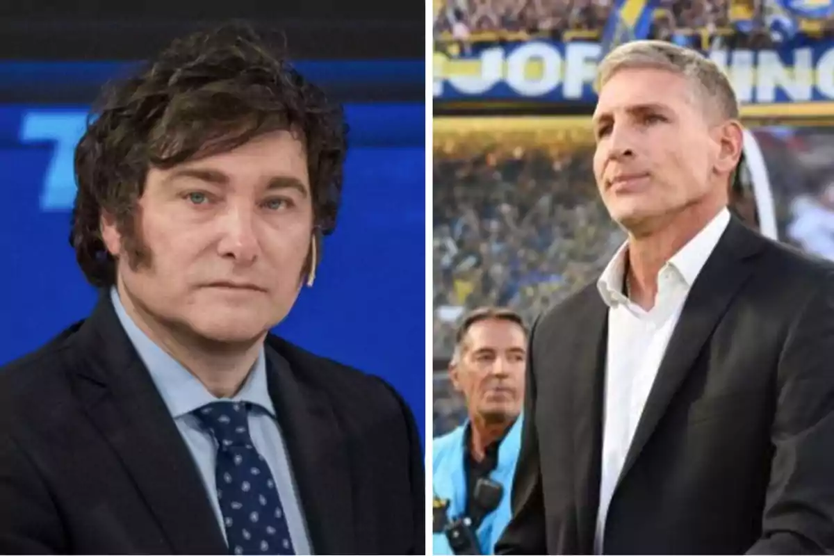 Dos hombres en trajes formales, uno con cabello oscuro y el otro con cabello canoso, en un entorno de estudio y un estadio deportivo.