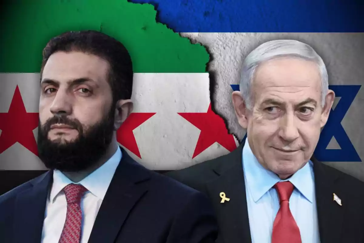Dos hombres con traje y corbata aparecen frente a un fondo dividido con las banderas de Siria e Israel