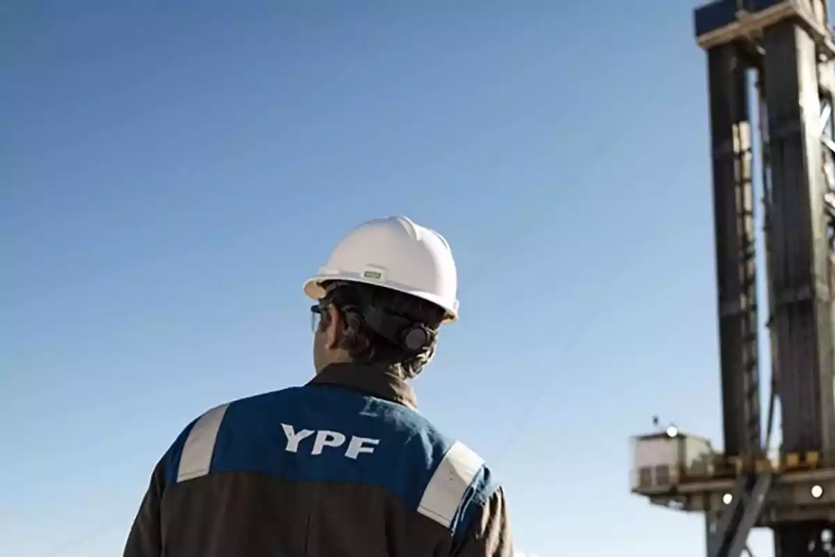 Worker with a white helmet and blue YPF jacket looking at an industrial structure under a clear sky. Worker with a white helmet and blue YPF jacket looking at an industrial structure under a clear sky.