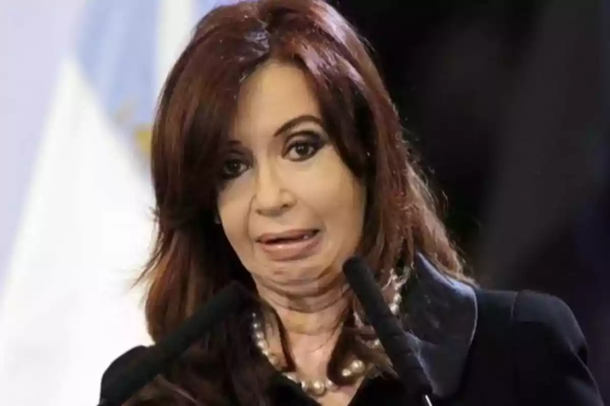 Long-haired brunette woman with a surprised or uncomfortable facial expression speaking in front of two microphones Long-haired brunette woman with a surprised or uncomfortable facial expression speaking in front of two microphones