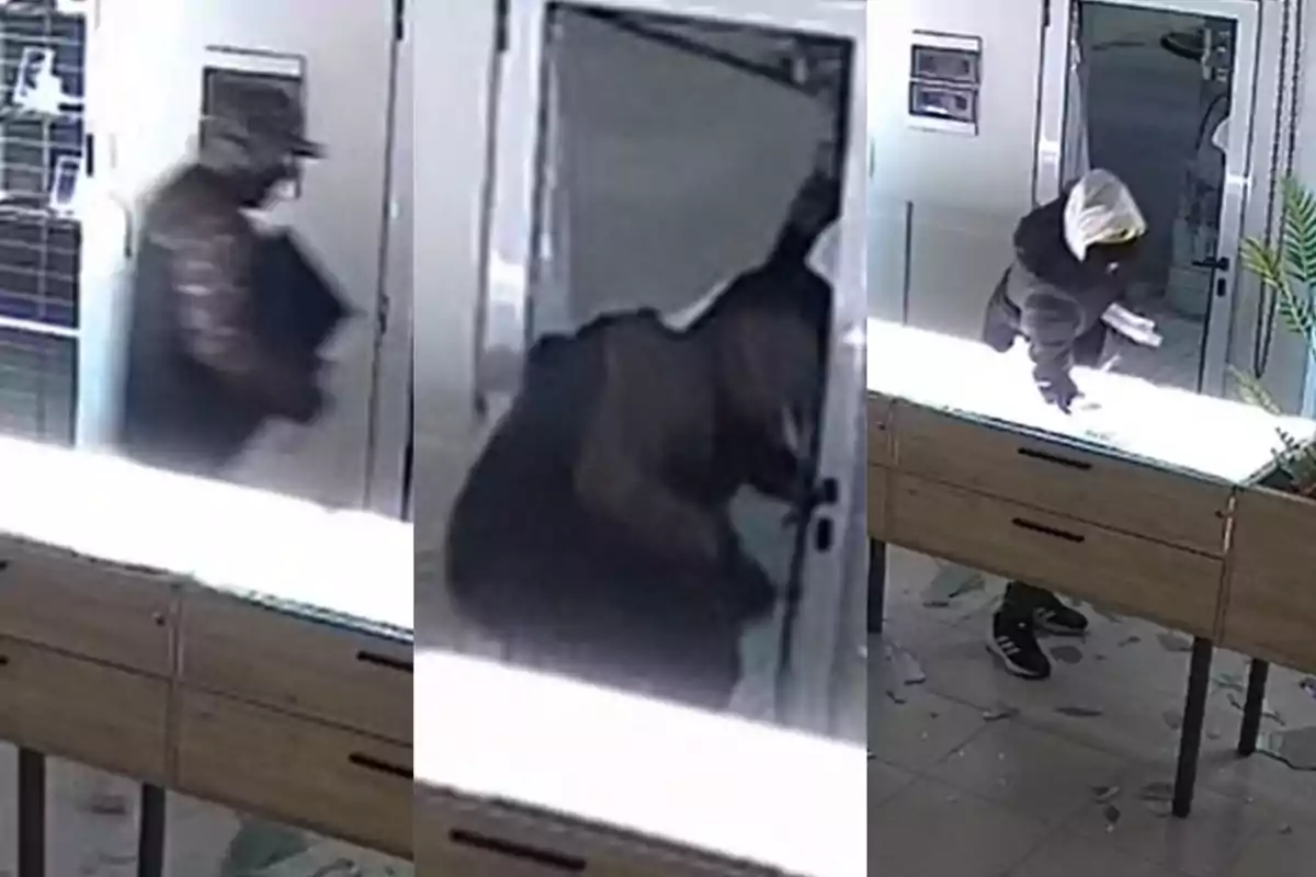 Three security camera images show hooded individuals in dark clothing entering a store and inspecting display cases, with broken glass on the floor.