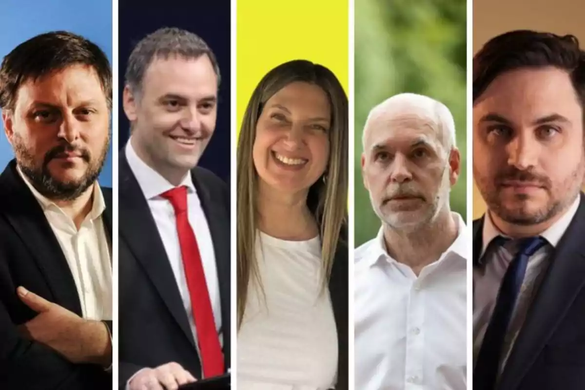 Cinco personas posando en una imagen dividida verticalmente en secciones de colores diferentes. Cinco personas posando en una imagen dividida verticalmente en secciones de colores diferentes.