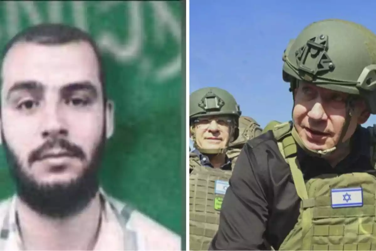 Split photograph: on the left, a bearded man with a green background; on the right, two men wearing helmets and military vests with Israeli insignias against a blue background.