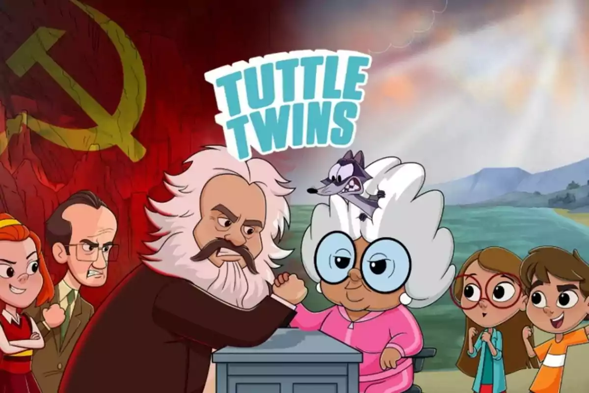 Animated characters from the Tuttle Twins series appear in an arm-wrestling competition between an old woman and a white-bearded man, with a background split between a natural landscape and a red setting featuring a sickle and hammer, while other characters watch excitedly.