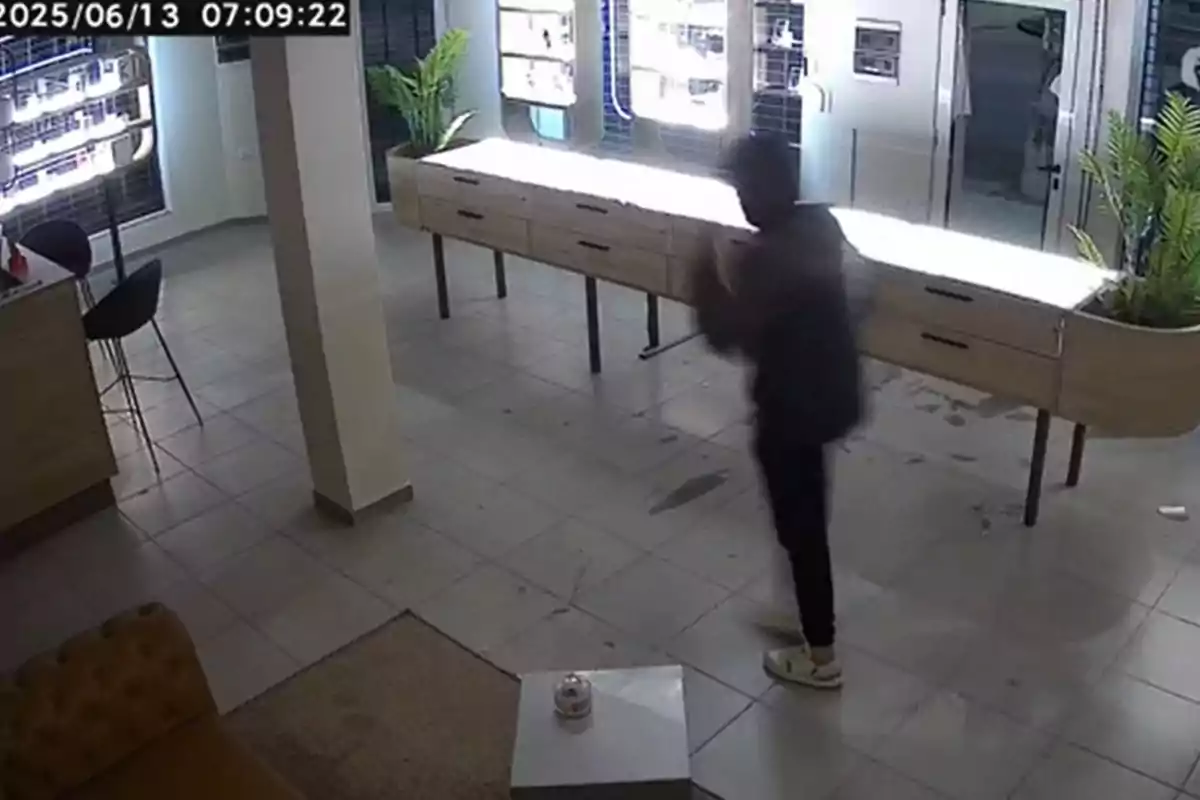 Hooded person walking inside a brightly lit store with empty display cases and decorative plants Hooded person walking inside a brightly lit store with empty display cases and decorative plants