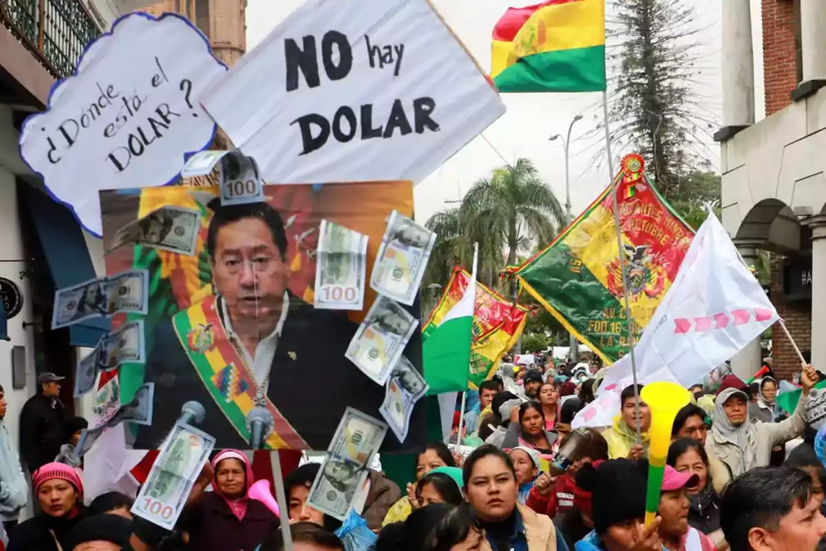 A group of people is participating in a demonstration with banners and flags, one of the banners shows an image of a man surrounded by dollar bills and messages about the lack of dollars.