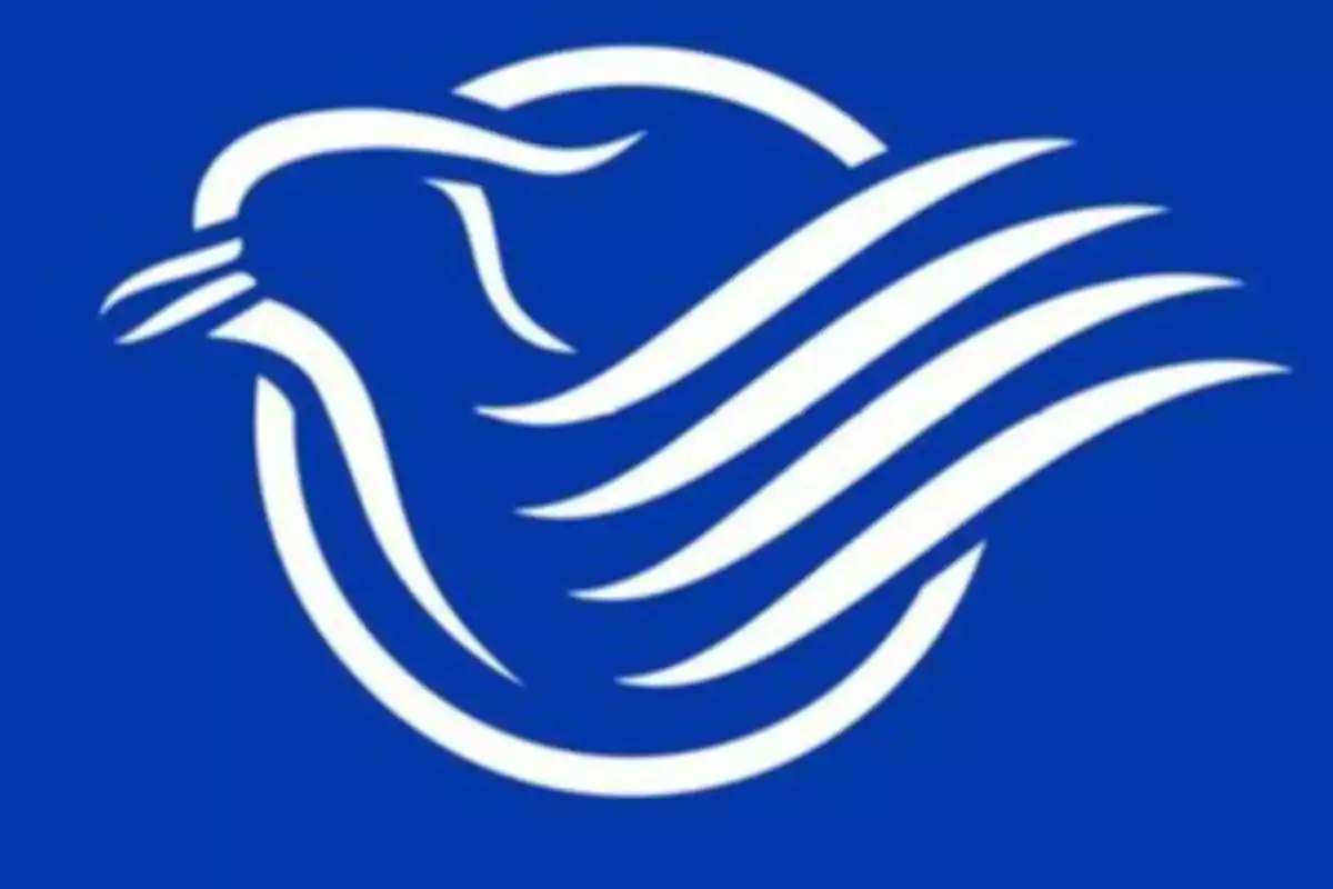 Logo of a stylized white bird formed by curved lines on a blue background Logo of a stylized white bird formed by curved lines on a blue background