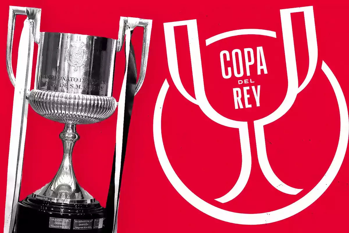 Trofeo de la Copa del Rey junto al logotipo sobre un fondo rojo.