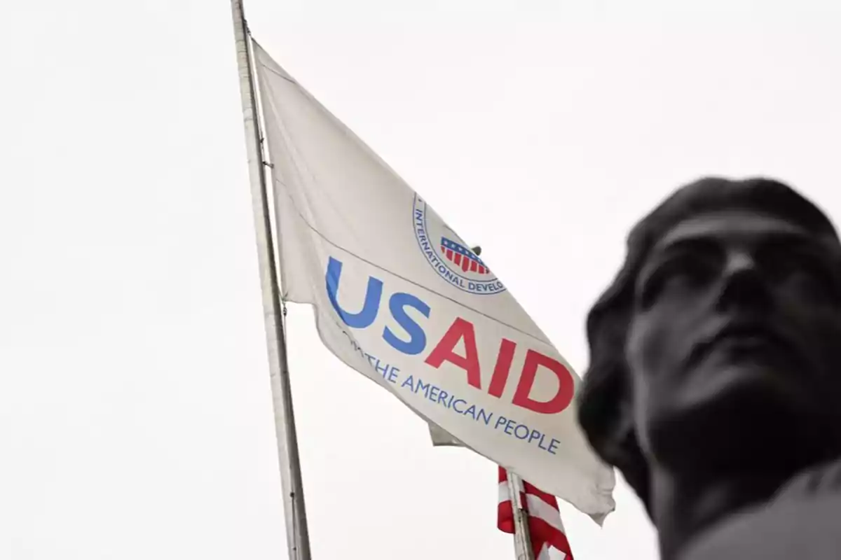 A USAID flag waves on a mast next to a statue in the foreground.