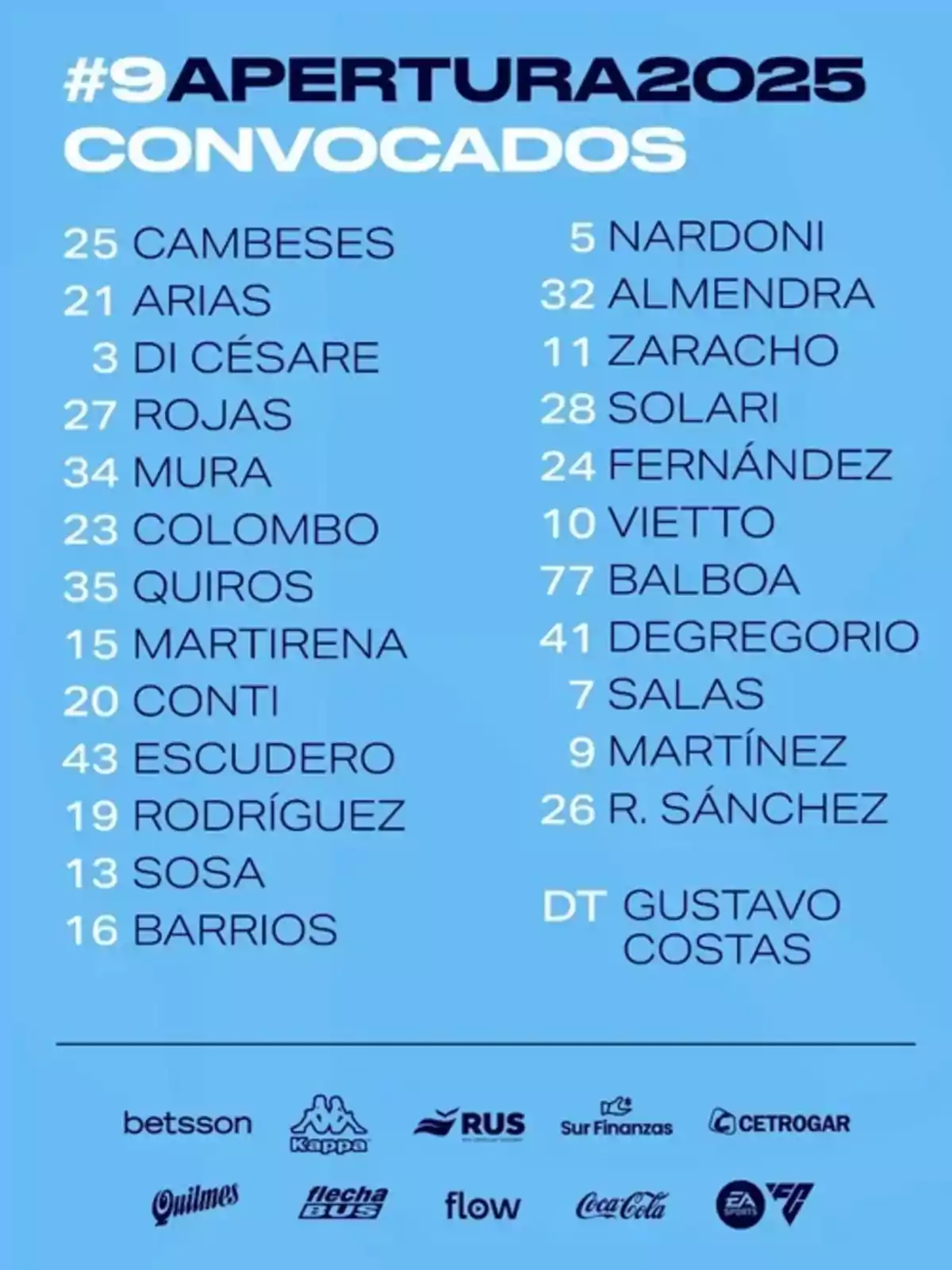 Squad list for the #9 Apertura 2025 with player names and numbers, along with head coach Gustavo Costas, on a light blue background with sponsor logos at the bottom. Squad list for the #9 Apertura 2025 with player names and numbers, along with head coach Gustavo Costas, on a light blue background with sponsor logos at the bottom.