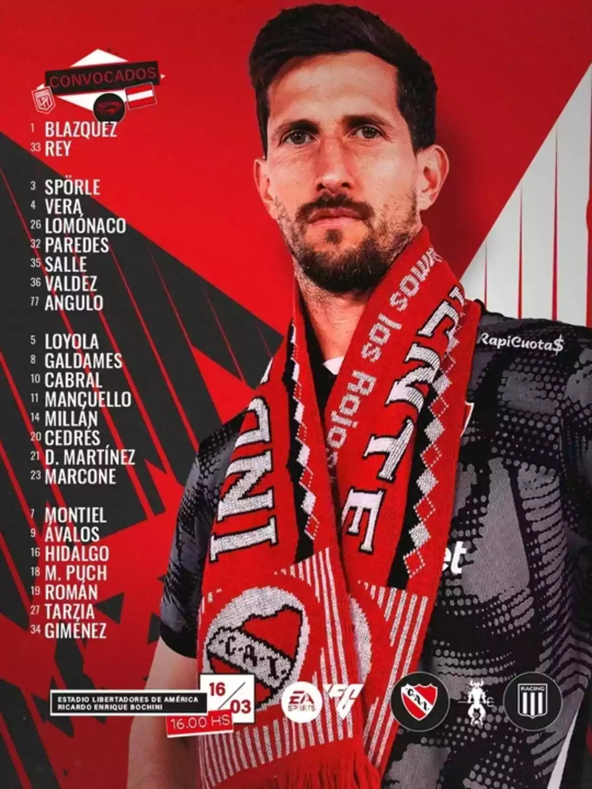 A bearded man wears a red scarf with a soccer team's crest, alongside a list of player names and numbers on a red and black background, with team logos and match details at the bottom. A bearded man wears a red scarf with a soccer team's crest, alongside a list of player names and numbers on a red and black background, with team logos and match details at the bottom.