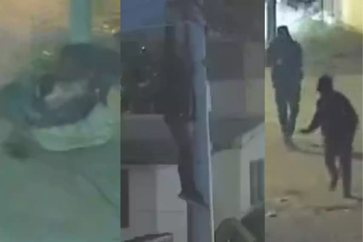 Tres imágenes de cámaras de seguridad muestran a personas realizando actividades sospechosas en la calle durante la noche