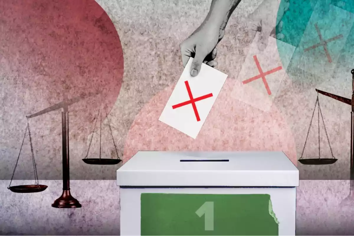 A hand places a ballot with a red X into a voting box, with scales of justice in the background.