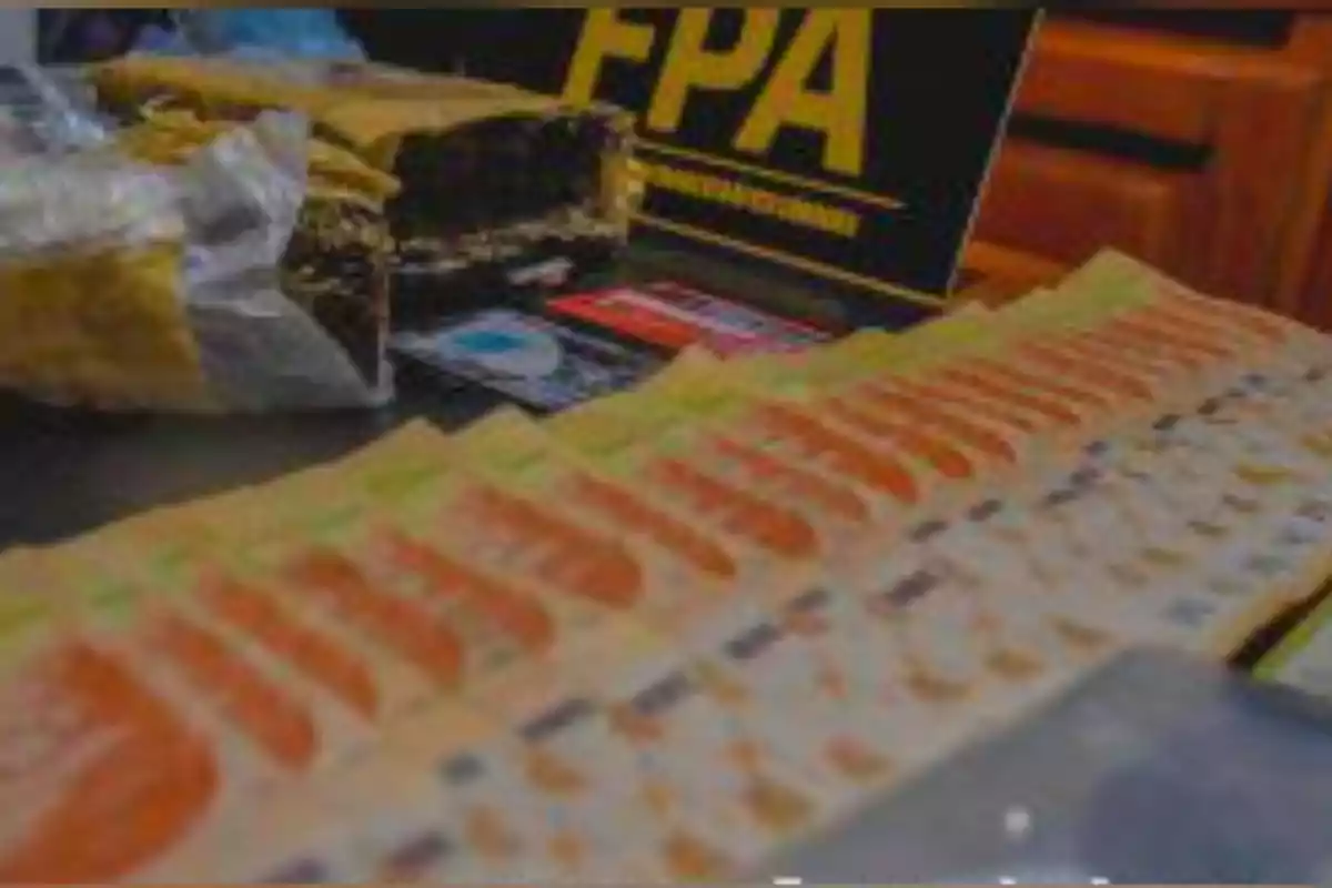Billetes extendidos sobre una mesa junto a paquetes y una placa con las siglas FPA en letras amarillas Billetes extendidos sobre una mesa junto a paquetes y una placa con las siglas FPA en letras amarillas