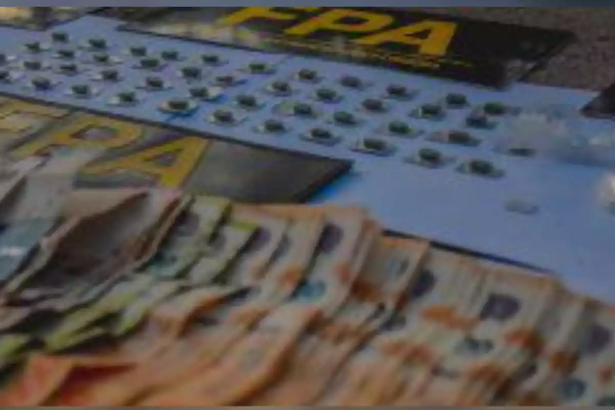 Billetes de diferentes denominaciones y varias dosis de drogas exhibidas sobre una mesa junto a carteles de la FPA Billetes de diferentes denominaciones y varias dosis de drogas exhibidas sobre una mesa junto a carteles de la FPA