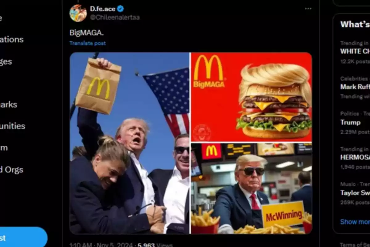 Una imagen dividida en tres partes: a la izquierda, una persona sosteniendo una bolsa de McDonald's frente a una bandera estadounidense; en la parte superior derecha, una hamburguesa con un peinado característico y el texto 