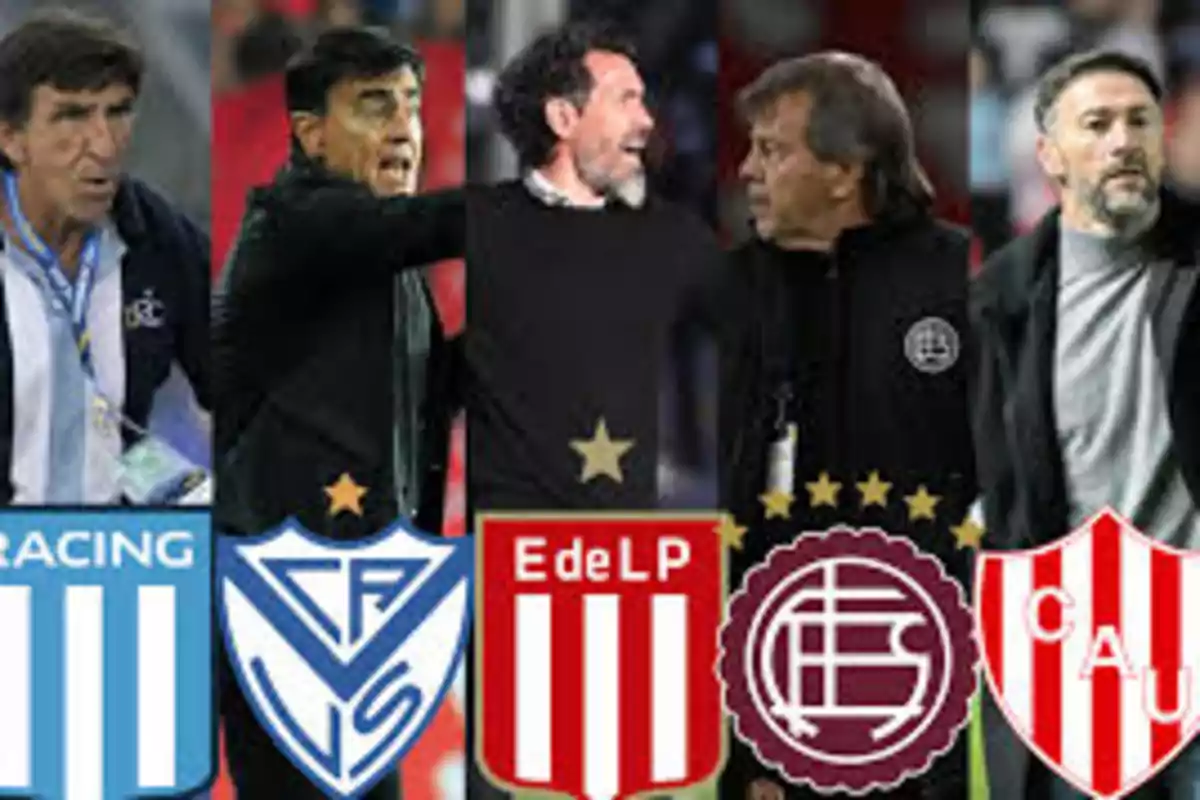 Cinco entrenadores de fútbol junto a los escudos de Racing, Vélez, Estudiantes, Lanús y Unión.