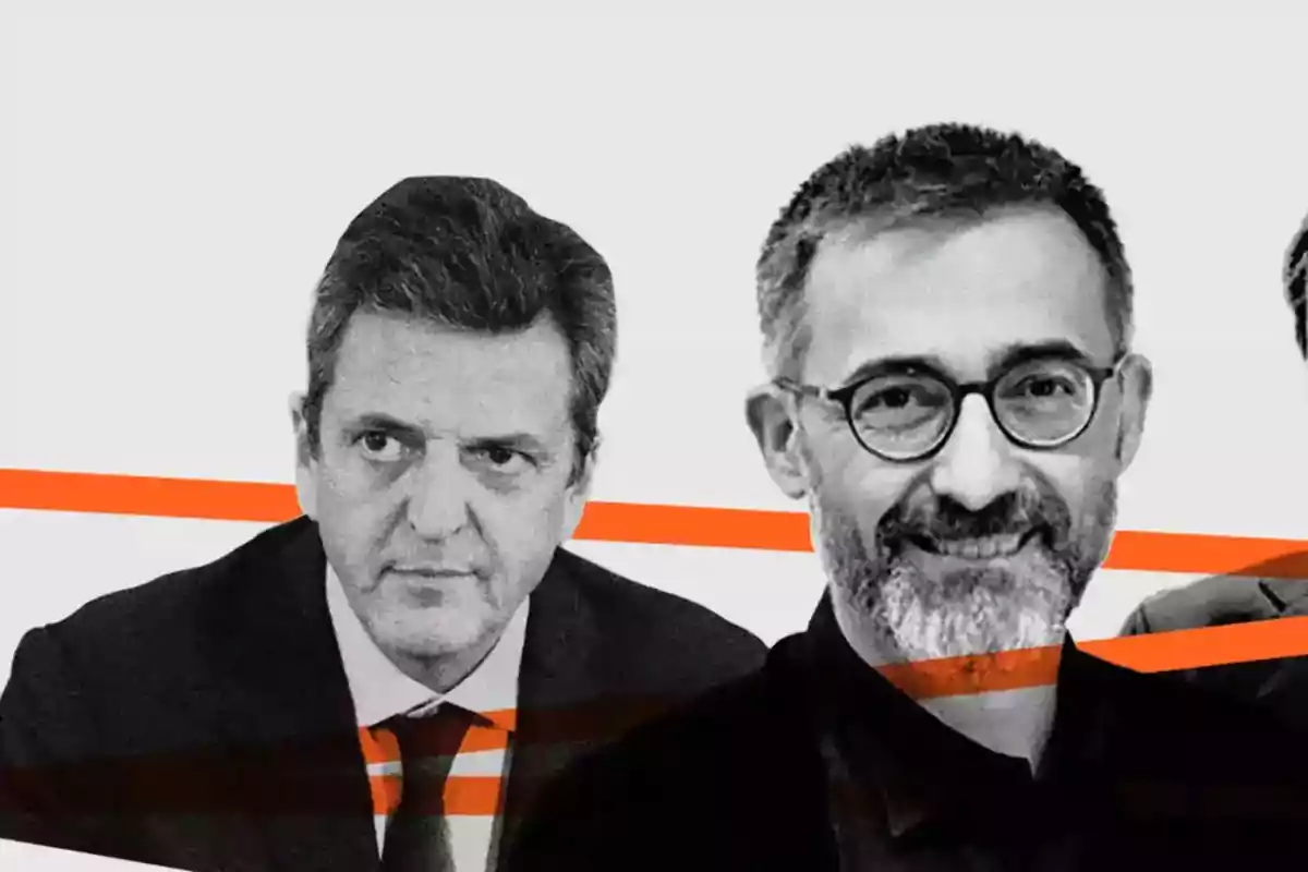 Dos hombres en traje y corbata con líneas naranjas en el fondo. Dos hombres en traje y corbata con líneas naranjas en el fondo.