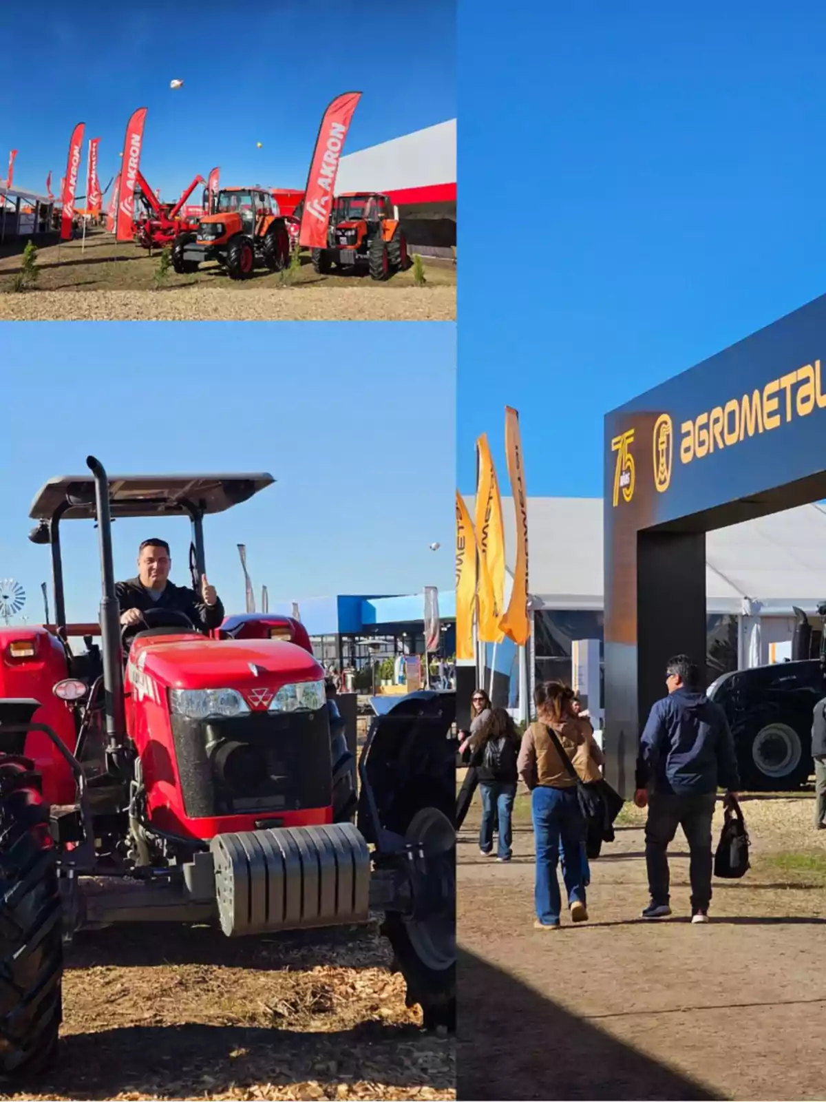 People walk through an outdoor agricultural exhibition with red tractors on display and flags of different brands under a clear sky. People walk through an outdoor agricultural exhibition with red tractors on display and flags of different brands under a clear sky.