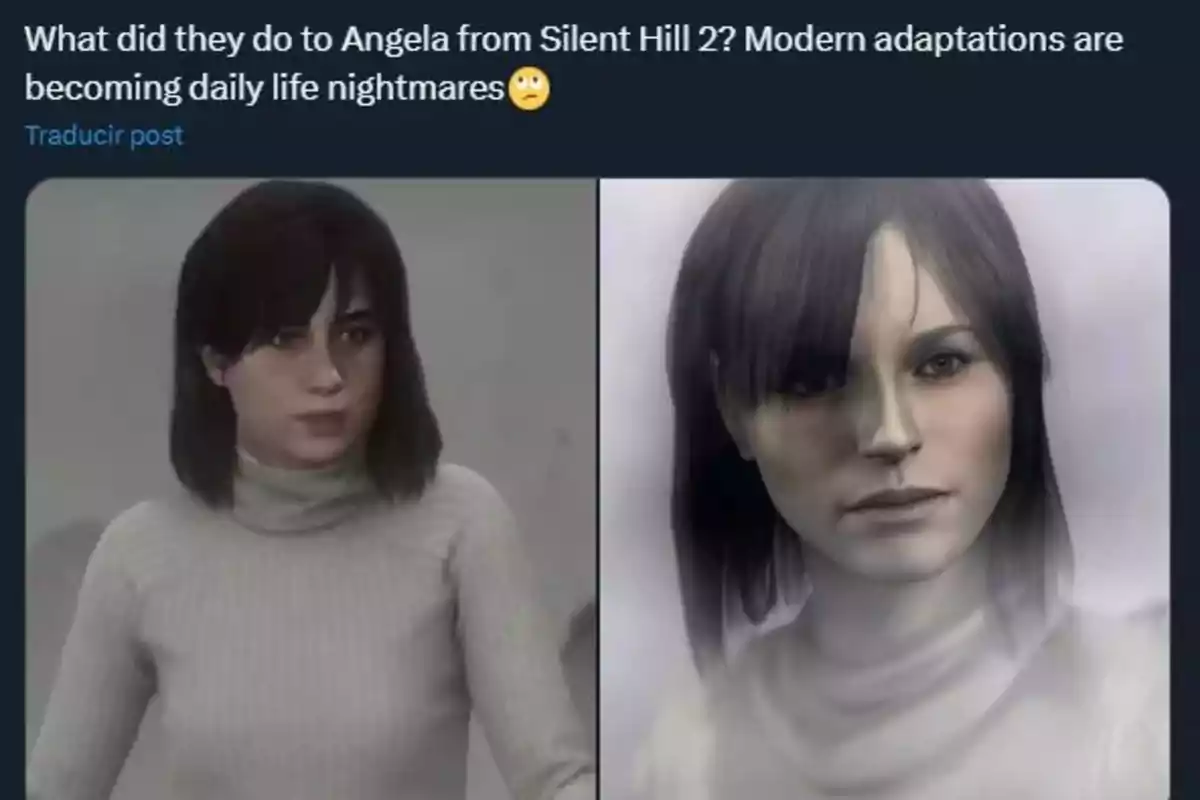 Comparación de dos versiones del personaje Ángela de Silent Hill 2 mostrando diferencias en su diseño gráfico.