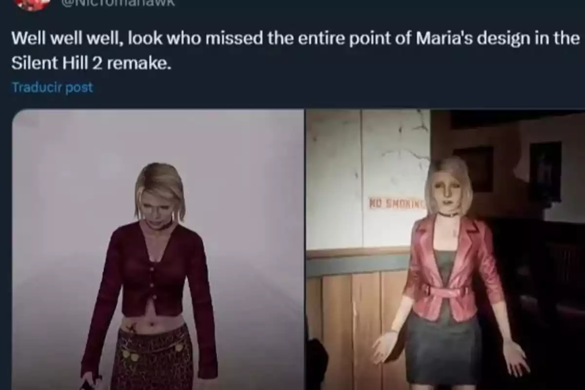 Comparación de dos versiones del personaje Maria en el videojuego Silent Hill 2, con un comentario crítico sobre el diseño en el remake.