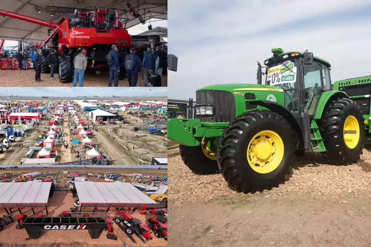 Agricultural fair with displays of heavy machinery, tractors and harvesters, booths from different brands, and visitors walking around the outdoor event Agricultural fair with displays of heavy machinery, tractors and harvesters, booths from different brands, and visitors walking around the outdoor event