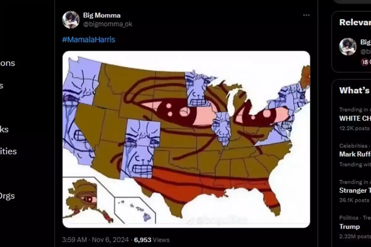 Mapa de Estados Unidos con caras de memes superpuestas en diferentes estados, mostrando expresiones de tristeza y enojo.