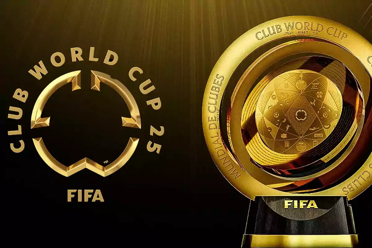 Logotipo y trofeo del Mundial de Clubes de la FIFA 2025 en tonos dorados sobre un fondo oscuro.