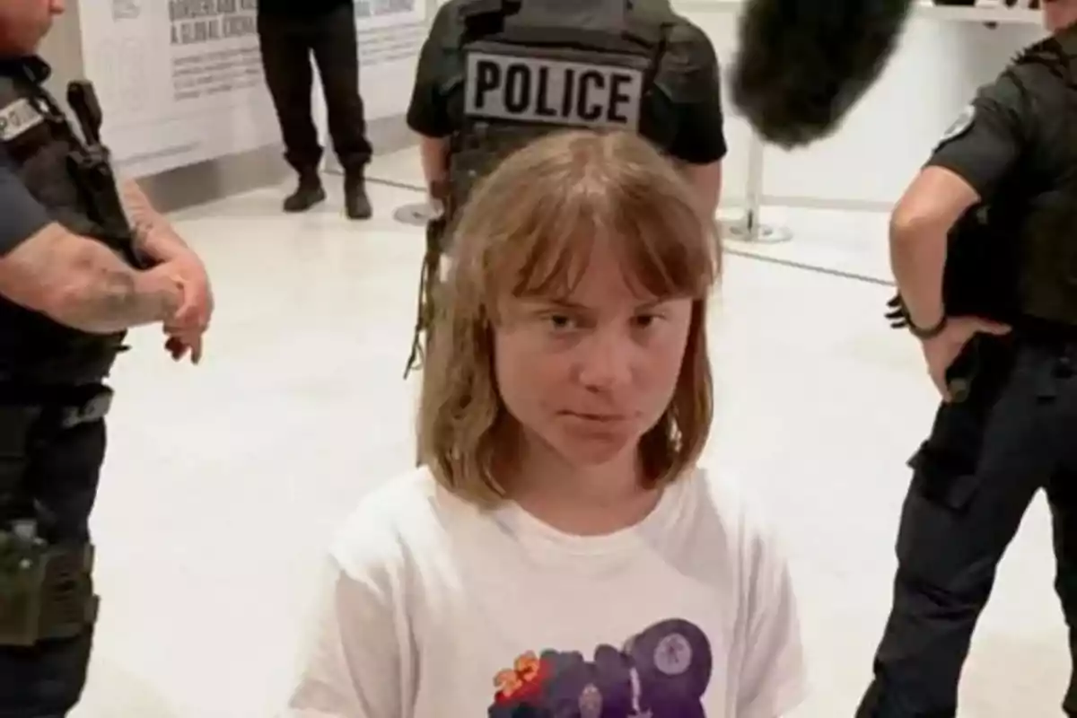 Joven de cabello castaño claro con camiseta blanca al frente de varios policías en un espacio interior iluminado