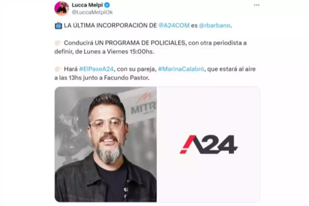 Anuncio en Twitter sobre la incorporación de una persona a A24 para conducir un programa de policiales y participar en #ElPaseA24 junto a otra periodista y Facundo Pastor, acompañado de una imagen de la persona mencionada y el logo de A24. Anuncio en Twitter sobre la incorporación de una persona a A24 para conducir un programa de policiales y participar en #ElPaseA24 junto a otra periodista y Facundo Pastor, acompañado de una imagen de la persona mencionada y el logo de A24.
