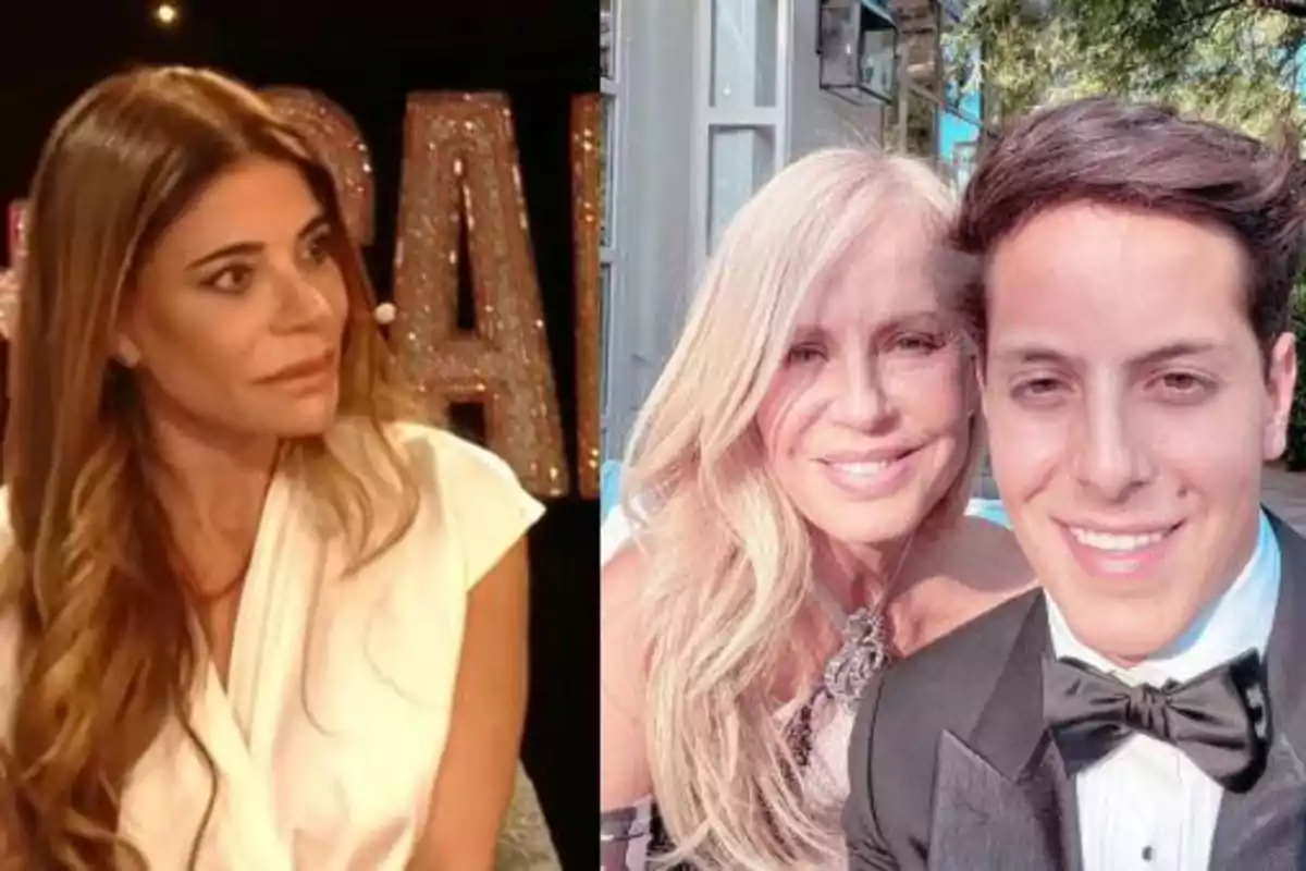 Una mujer de cabello largo y castaño claro con expresión seria aparece en un set de televisión a la izquierda, mientras que a la derecha una mujer rubia sonríe junto a un joven vestido de esmoquin en un ambiente al aire libre