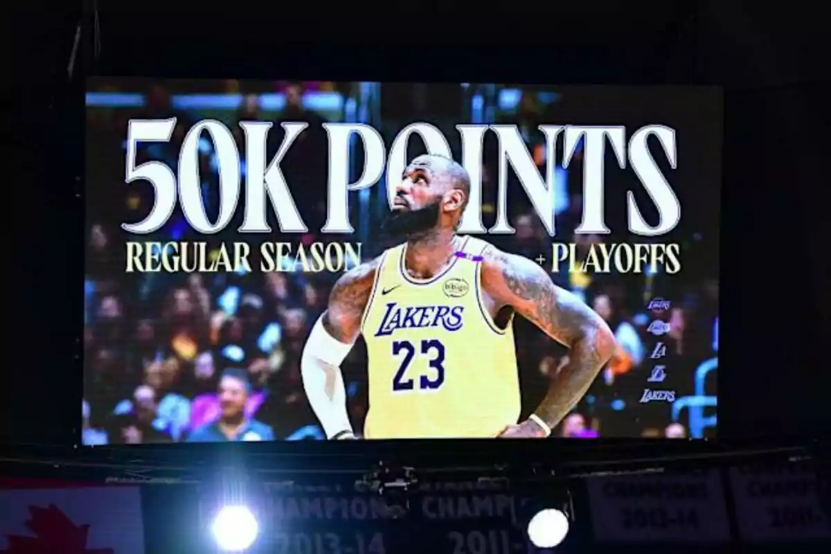 Jugador de baloncesto de los Lakers con el número 23 en una pantalla que celebra 50,000 puntos en temporada regular y playoffs.