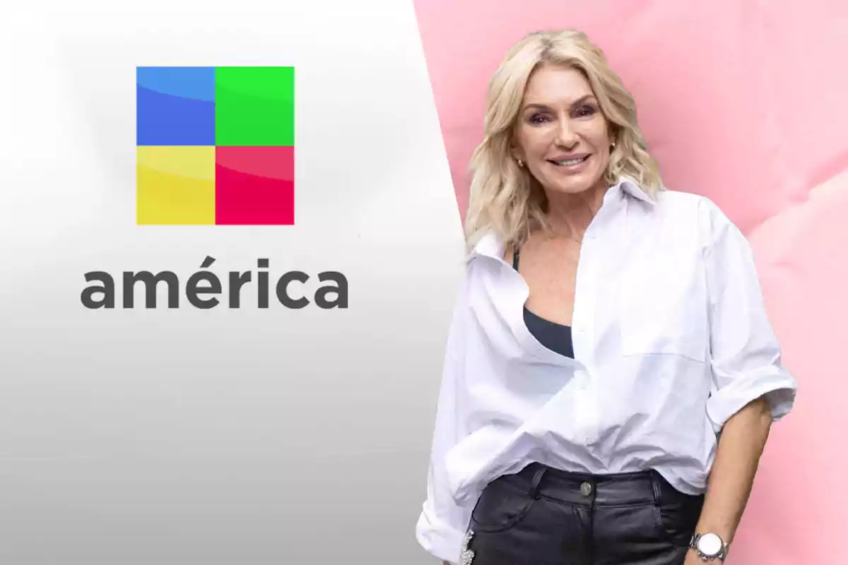 Yanina Latorre con camisa blanca y pantalones oscuros junto al logo de América TV.