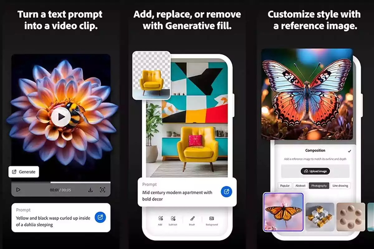Three examples of generative artificial intelligence functions in images, such as creating videos from text, filling in or modifying objects in a photo, and customizing the style using a reference image. Three examples of generative artificial intelligence functions in images, such as creating videos from text, filling in or modifying objects in a photo, and customizing the style using a reference image.