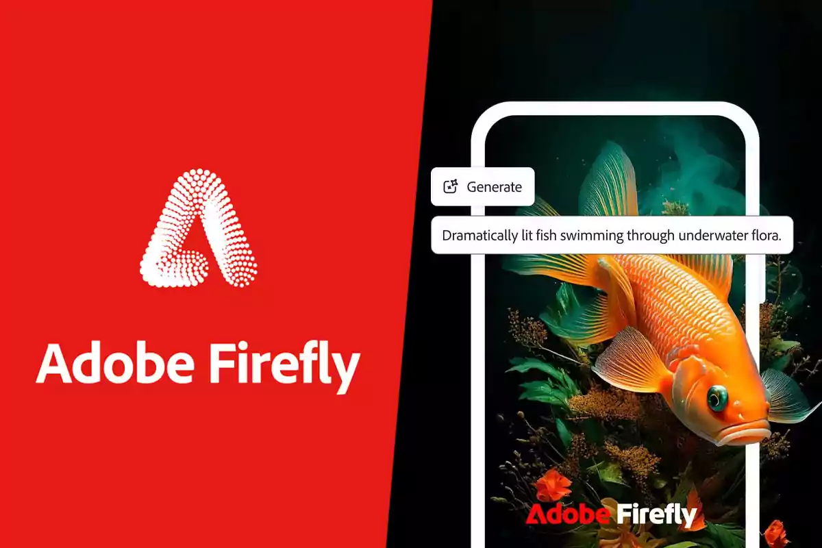 Adobe Firefly logo on the left over a red background, and on the right an orange fish swimming among aquatic plants inside a device screen with the text "Generate" and a description in English