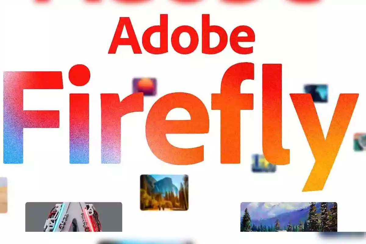 Adobe Firefly logo with small images of landscapes and objects around it Adobe Firefly logo with small images of landscapes and objects around it
