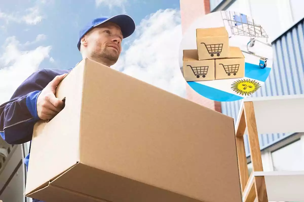 Persona con uniforme azul cargando una caja grande con un fondo de cielo azul y nubes, en la esquina superior derecha hay una imagen superpuesta de cajas pequeñas con símbolos de carrito de compras y un carrito de supermercado.