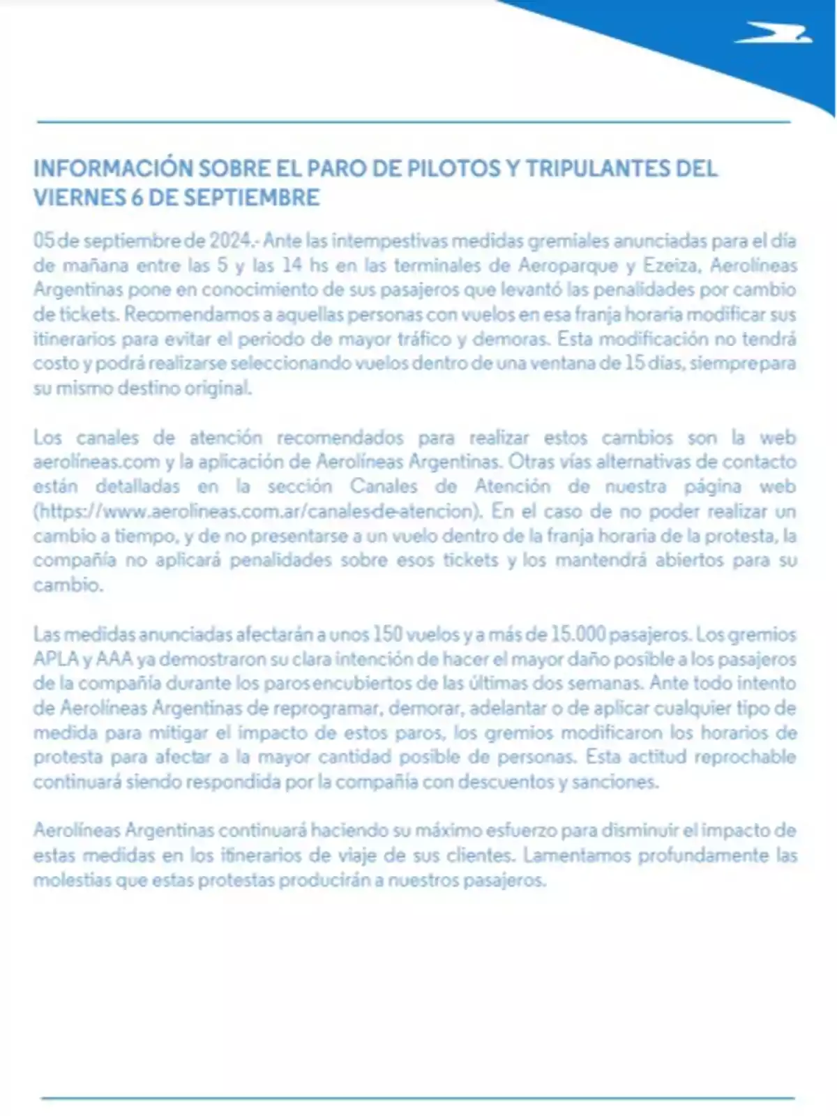 El comunicado completo de Aerolíneas Argentinas