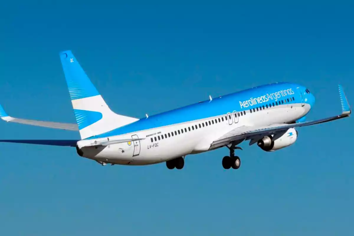 Avión de Aerolíneas Argentinas en pleno vuelo con cielo despejado.