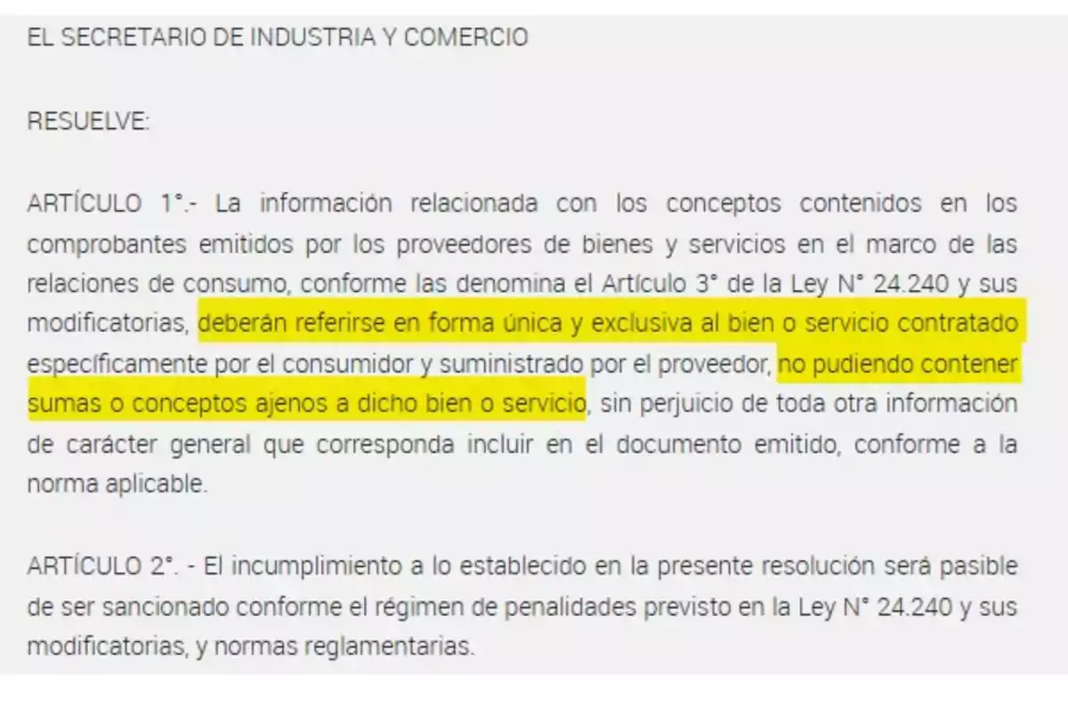 Fragmento de una resolución oficial donde se destaca en amarillo la obligación de que la información en los comprobantes se refiera únicamente al bien o servicio contratado, sin incluir conceptos ajenos. Fragmento de una resolución oficial donde se destaca en amarillo la obligación de que la información en los comprobantes se refiera únicamente al bien o servicio contratado, sin incluir conceptos ajenos.